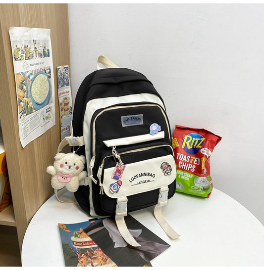 Women's Large Aesthetic School Backpack Black Nylon Daypack with Cute Bear Plushie & Pins For High School and V888-ELOSUNG41086