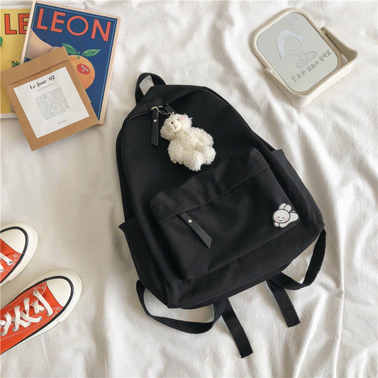 Aesthetic Black School Backpack with Cute Bear Plushie and Pin Large Capacity Nylon Laptop Daypack for High V888-ELOSUNG41093