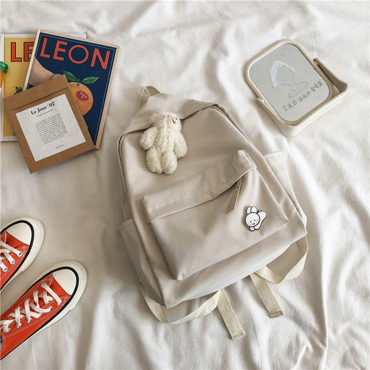 Aesthetic Off-white School Backpack with Cute Bear Plushie and Pin Large Capacity Nylon Laptop Daypack for V888-ELOSUNG41094