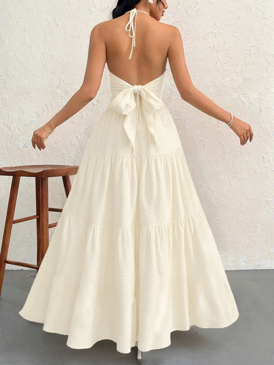Apricot XL Size Women's Elegant Halter Maxi Dress Summer Backless V-Neck Sleeveless Long Beach Resort Gown V888-ELOSUNG41121