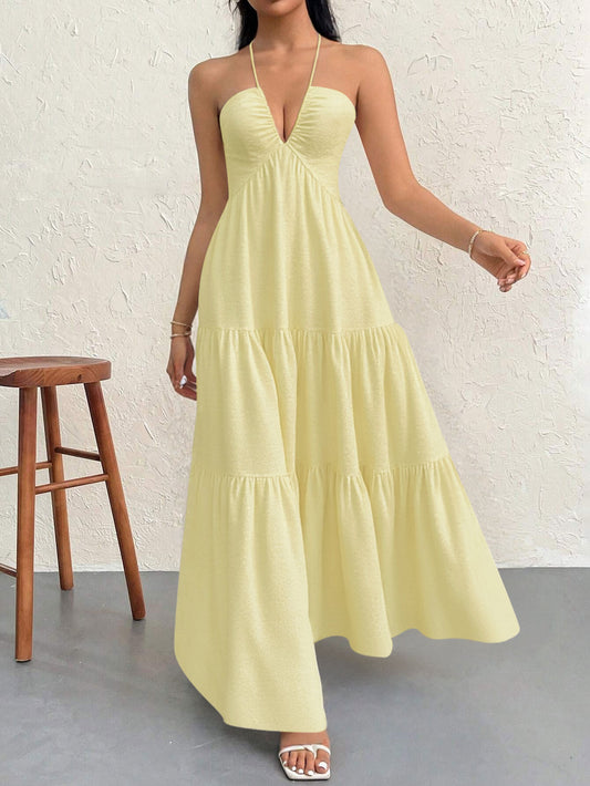 Apricot XL Size Women's Elegant Halter Maxi Dress Summer Backless V-Neck Sleeveless Long Beach Resort Gown V888-ELOSUNG41125