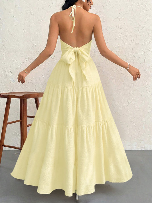 Apricot XL Size Women's Elegant Halter Maxi Dress Summer Backless V-Neck Sleeveless Long Beach Resort Gown V888-ELOSUNG41125