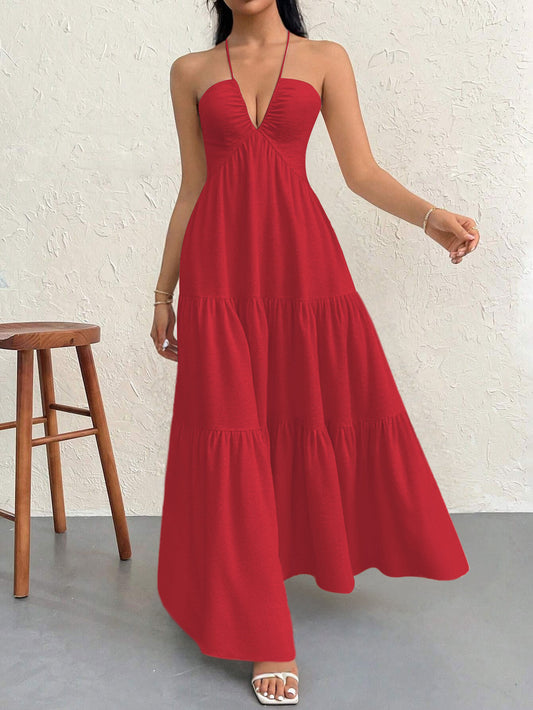 Redt XL Size Women's Elegant Halter Maxi Dress Summer Backless V-Neck Sleeveless Long Beach Resort Gown V888-ELOSUNG41129