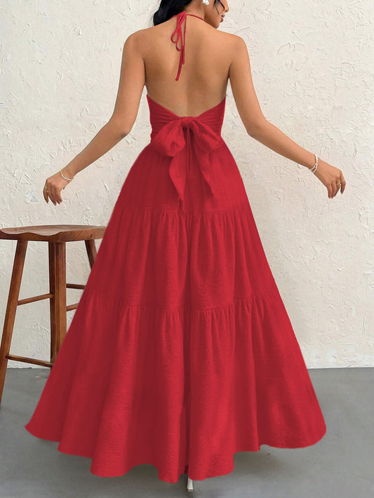 Redt XL Size Women's Elegant Halter Maxi Dress Summer Backless V-Neck Sleeveless Long Beach Resort Gown V888-ELOSUNG41129