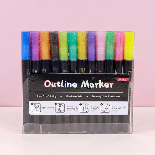 24 Piece Double Line Outline Pen Set Glitter Paint Markers 12 Colors Self-Outline Metallic Shimmer Pens for V888-ELOSUNG41135
