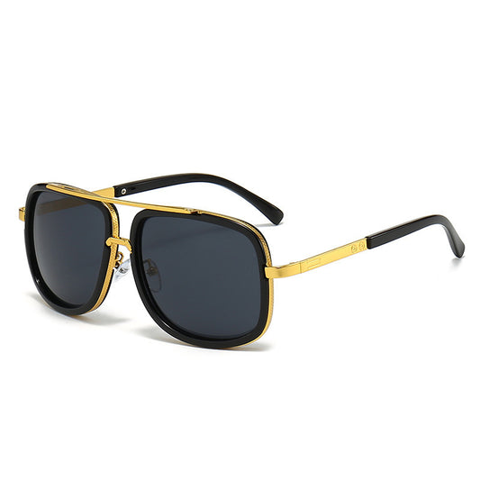 Men's Retro Oversized Square Sunglasses Vintage Thick Frame Gold Flat Top Aviator Style Shades UV400 Black V888-ELOSUNG41186