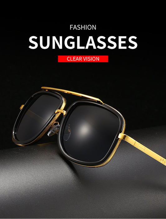 Men's Retro Oversized Square Sunglasses Vintage Thick Frame Gold Flat Top Aviator Style Shades UV400 Black V888-ELOSUNG41186