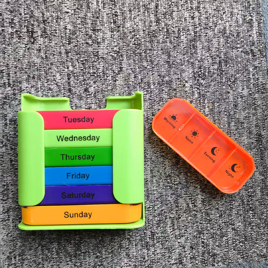 7 Day Weekly Pill Organiser Box - Rainbow Colour Coded Medicine Storage with 4 Daily Compartments - Portable V888-ELOSUNG41261