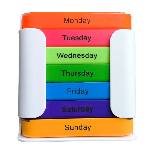 7 Day Weekly Pill Organiser Box - Rainbow Colour Coded Medicine Storage with 4 Daily Compartments - Portable V888-ELOSUNG41262
