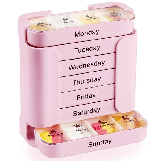 Weekly Pill Organiser Pink Tower - 7 Day Medicine Storage Box with 4 Daily Compartments (Morning, Noon, V888-ELOSUNG41264