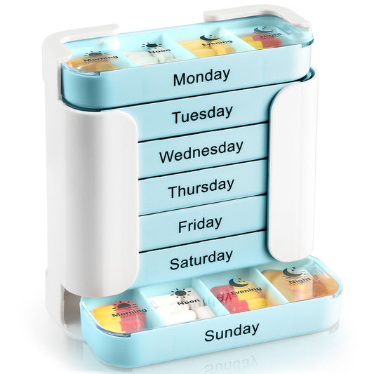 7 Day Weekly Pill Organiser Tower - White & Blue Medicine Storage Box with 4 Daily Compartments - Portable V888-ELOSUNG41265