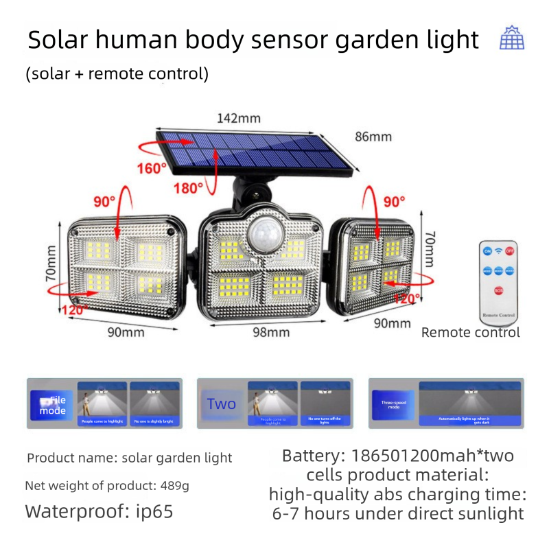 Solar Security Lights Outdoor Motion Sensor 122 LED - 3 Adjustable Heads Flood Light with Remote IP65 V888-ELOSUNG41269