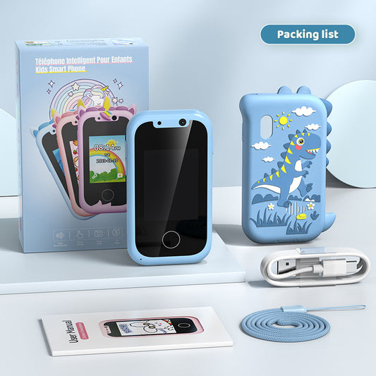 Kids Smart Phone Toy with Dual Camera and IPS Touch Screen Blue Dinosaur Silicone Case Educational Games MP3 V888-ELOSUNG41284