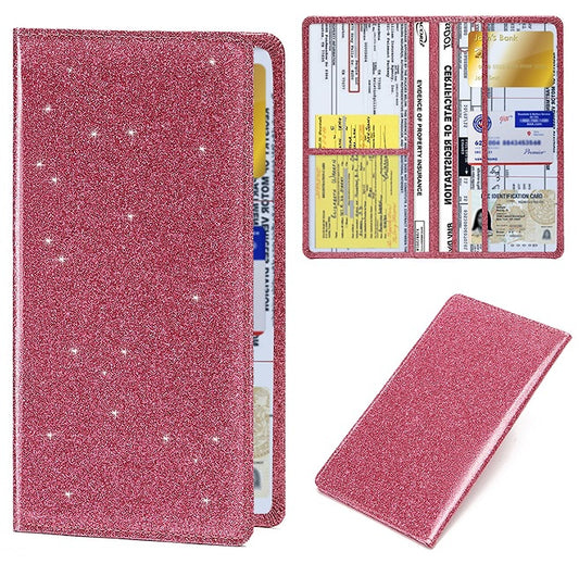 Car Registration and Insurance Holder Rose Red Glitter - Bling Vehicle Document Wallet - Slim Glove Box V888-ELOSUNG41293