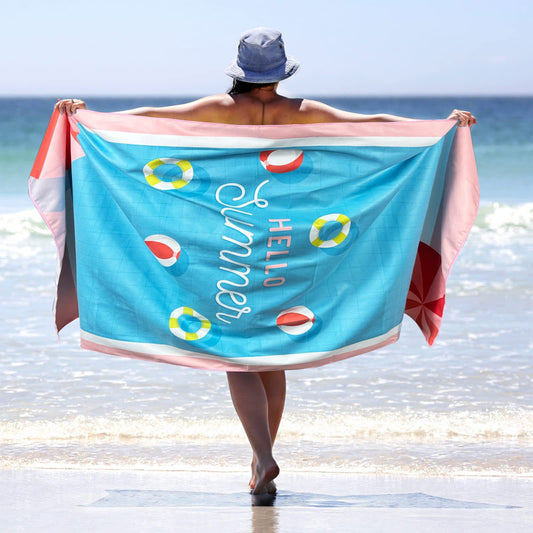Sand Free Microfibre Beach Towel - "Hello Summer" Pool Print Quick Dry Travel Towel 80x160cm - Lightweight V888-ELOSUNG41305