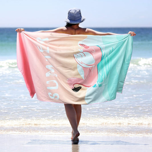 Sand Free Microfibre Beach Towel - Pink Flamingo "Summer" Print Quick Dry Travel Towel 80x160cm - Lightweight V888-ELOSUNG41308