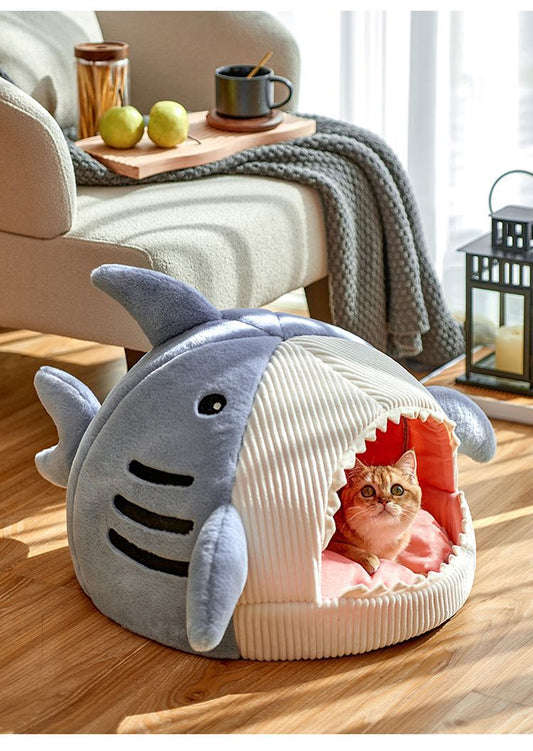 Novelty Shark Pet Cave Bed Enclosed Cozy Sleeping Nest for Cats and Small Dogs Soft Flannel Year Round V888-ELOSUNG41314
