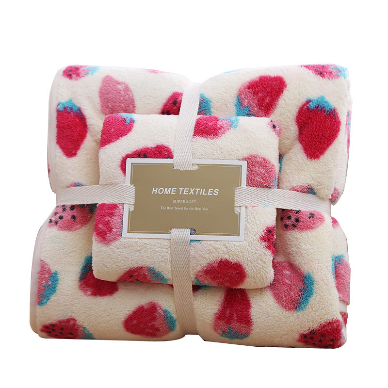 2 Pack Strawberry Coral Fleece Bath Towel Set - Ultra Soft Absorbent Microfibre Bathroom Towels with Hanging V888-ELOSUNG41337