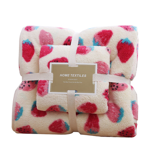 2 Pack Strawberry Coral Fleece Bath Towel Set - Ultra Soft Absorbent Microfibre Bathroom Towels with Hanging V888-ELOSUNG41337