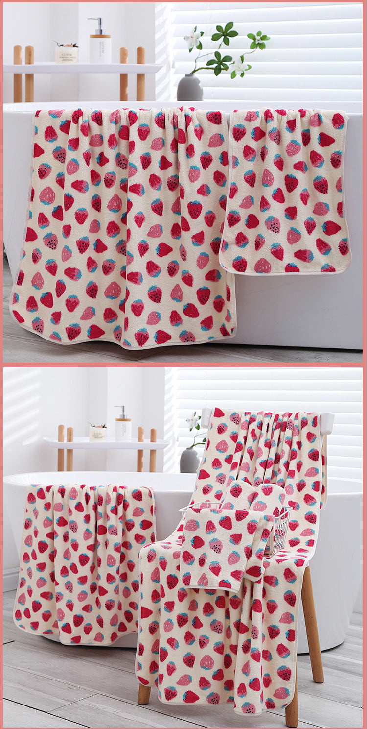 2 Pack Strawberry Coral Fleece Bath Towel Set - Ultra Soft Absorbent Microfibre Bathroom Towels with Hanging V888-ELOSUNG41337