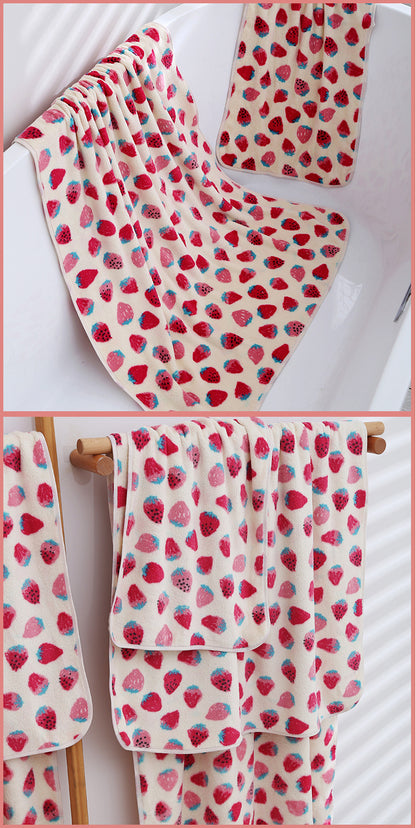 2 Pack Strawberry Coral Fleece Bath Towel Set - Ultra Soft Absorbent Microfibre Bathroom Towels with Hanging V888-ELOSUNG41337