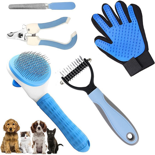 5-in-1 Pet Grooming Kit Blue - Stainless Steel Deshedding Rake, Self-Cleaning Slicker Brush, Grooming Glove & V888-ELOSUNG41369