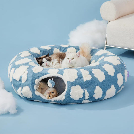 2-in-1 Cat Tunnel Bed Blue Daisy 80cm - Plush Donut Pet Cave & Play Tube - Detachable Washable Cushion & V888-ELOSUNG41374