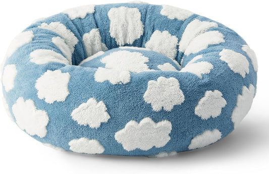 50cm Round Pet Bed Blue Sky & Clouds Design - Soft Plush Donut Cuddler for Small Dogs & Cats - Calming V888-ELOSUNG41377