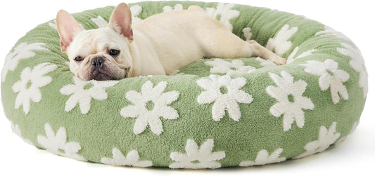 50cm Round Pet Bed Green Daisy Design - Soft Plush Donut Cuddler for Small Dogs & Cats - Calming Anxiety V888-ELOSUNG41378