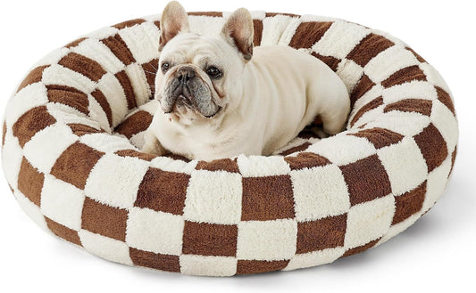 50cm Round Pet Bed Brown & White Checkerboard - Soft Plush Donut Cuddler for Small Dogs & Cats - Calming V888-ELOSUNG41379