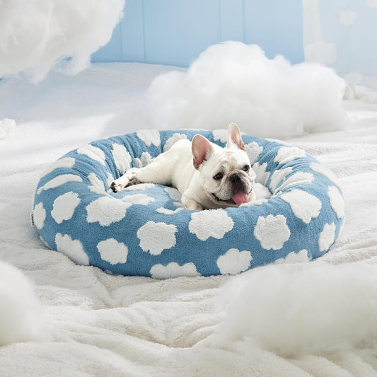 50cm Round Pet Bed Brown & White Checkerboard - Soft Plush Donut Cuddler for Small Dogs & Cats - Calming V888-ELOSUNG41379