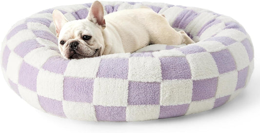 50cm Round Pet Bed Purple & White Checkerboard - Soft Plush Donut Cuddler for Small Dogs & Cats - Calming V888-ELOSUNG41380