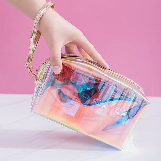 Holographic TPU Cosmetic Bag - Waterproof Iridescent Makeup Pouch with Wrist Strap - Transparent Travel V888-ELOSUNG41415