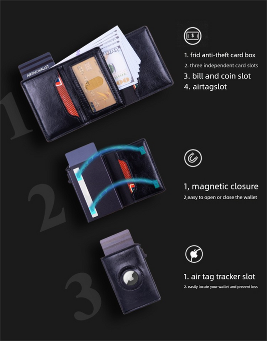 RFID Blocking Pop-Up Card Wallet with AirTag Holder - Crazy Horse Leather Style Aluminium Smart Wallet - V888-ELOSUNG41428