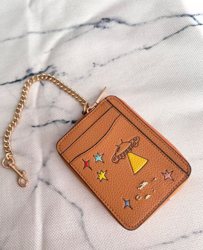 2 Pack Women's Mini Zip Card Holder & Coin Purse with Keychain - Orange UFO Starry Sky & Solid Black Pebble V888-ELOSUNG41458