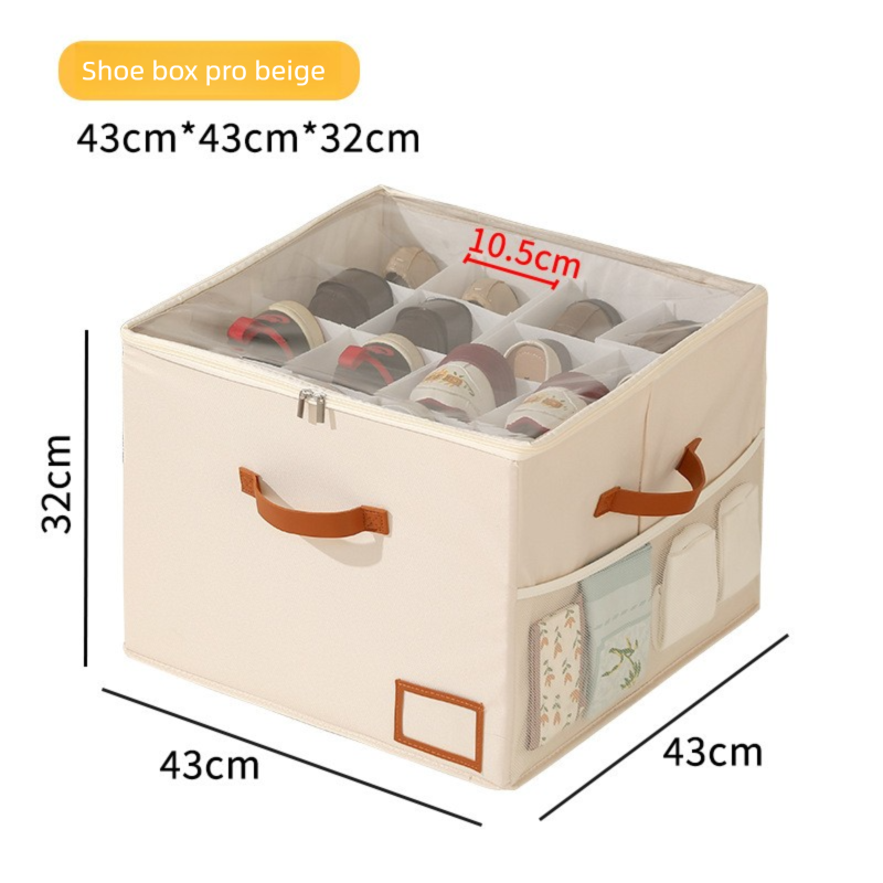 Premium Heavy Duty Shoe Storage Box 16 Grids Beige 43cm Cube Foldable Fabric Wardrobe Organiser with Label V888-ELOSUNG41555
