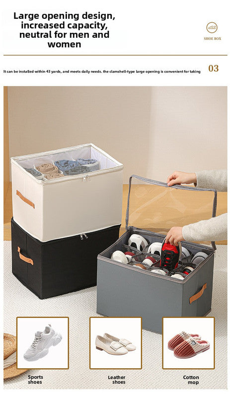 Premium Heavy Duty Shoe Storage Box 16 Grids Beige 43cm Cube Foldable Fabric Wardrobe Organiser with Label V888-ELOSUNG41555