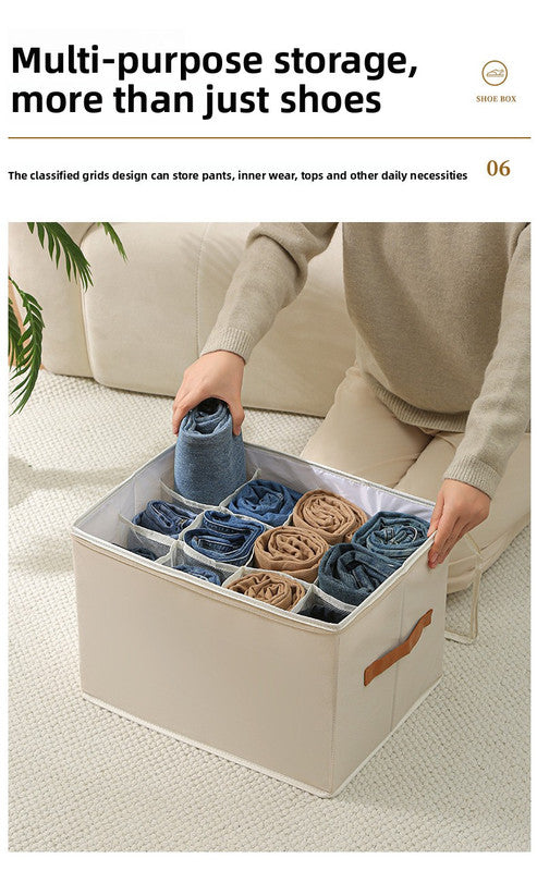 Premium Heavy Duty Shoe Storage Box 16 Grids Beige 43cm Cube Foldable Fabric Wardrobe Organiser with Label V888-ELOSUNG41555