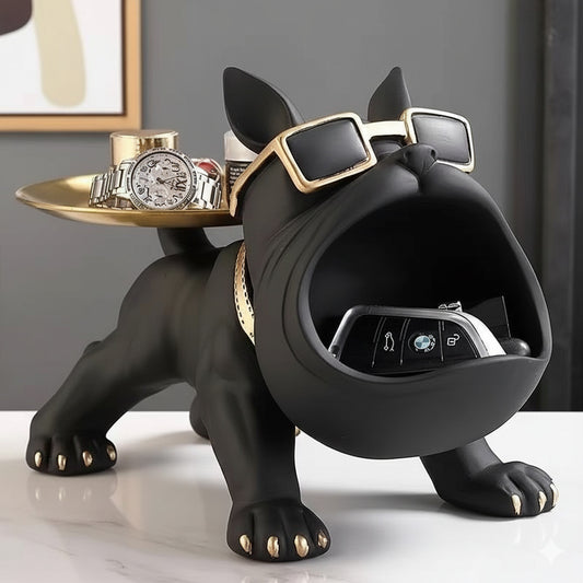 Cool French Bulldog Statue Storage Tray Black Resin Dog Figurine Key Bowl and Candy Organiser with Open Mouth V888-ELOSUNG41582