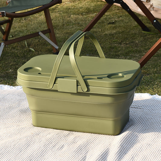 Collapsible Picnic Basket with Mini Table Lid Portable Folding Storage Crate with Cup Holders and Phone Stand V888-ELOSUNG41588