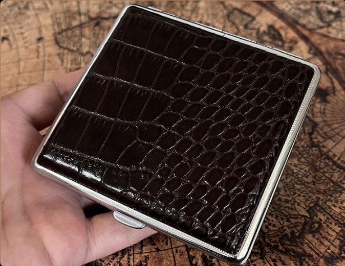 Genuine Leather Cigarette Case Crocodile Pattern Embossed Dark Brown 20 Stick Capacity Retro Vintage Style V888-ELOSUNG41616