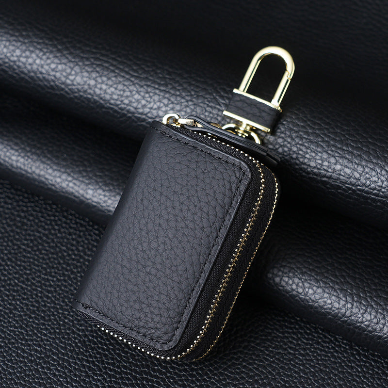 Genuine Leather Car Key Case Double Zipper Smart Key Fob Holder Wallet Remote Organiser Pouch with Hook Black V888-ELOSUNG41631