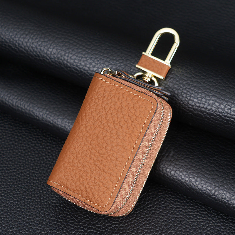 Genuine Leather Car Key Case Double Zipper Smart Key Fob Holder Wallet Remote Organiser Pouch with Hook Brown V888-ELOSUNG41632