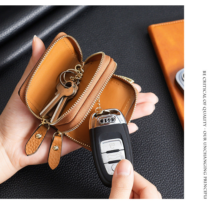 Genuine Leather Car Key Case Double Zipper Smart Key Fob Holder Wallet Remote Organiser Pouch with Hook Brown V888-ELOSUNG41632