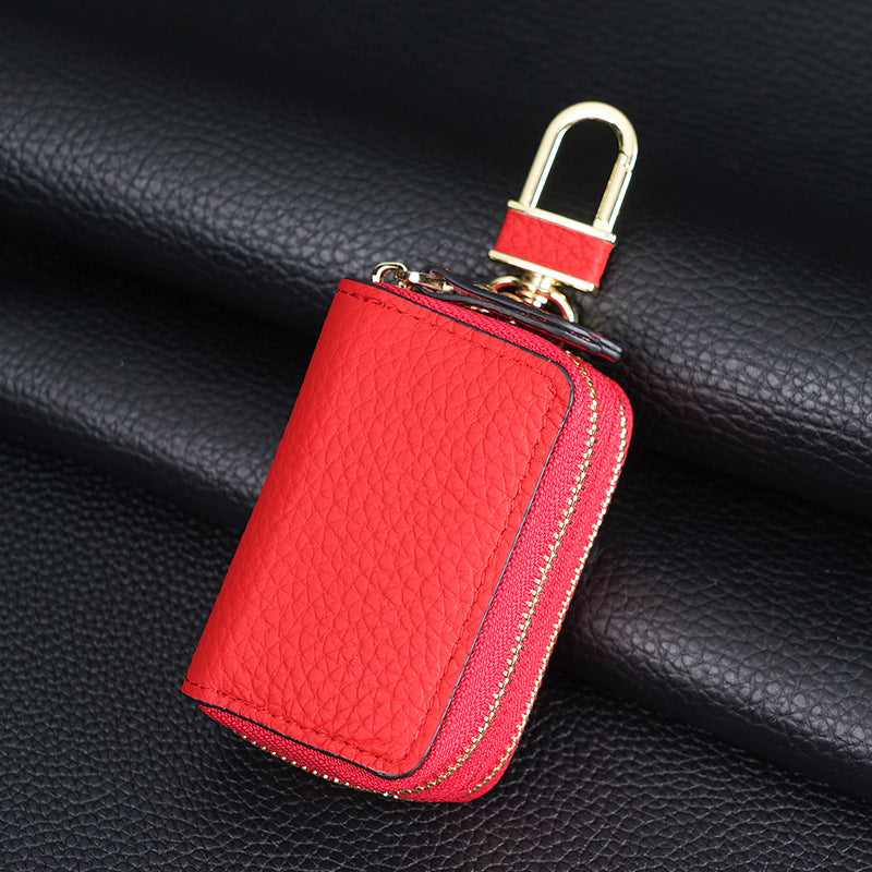 Genuine Leather Car Key Case Double Zipper Smart Key Fob Holder Wallet Remote Organiser Pouch with Hook Red V888-ELOSUNG41634