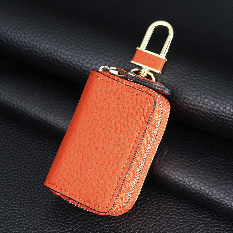 Genuine Leather Car Key Case Double Zipper Smart Key Fob Holder Wallet Remote Organiser Pouch with Hook Orange V888-ELOSUNG41636