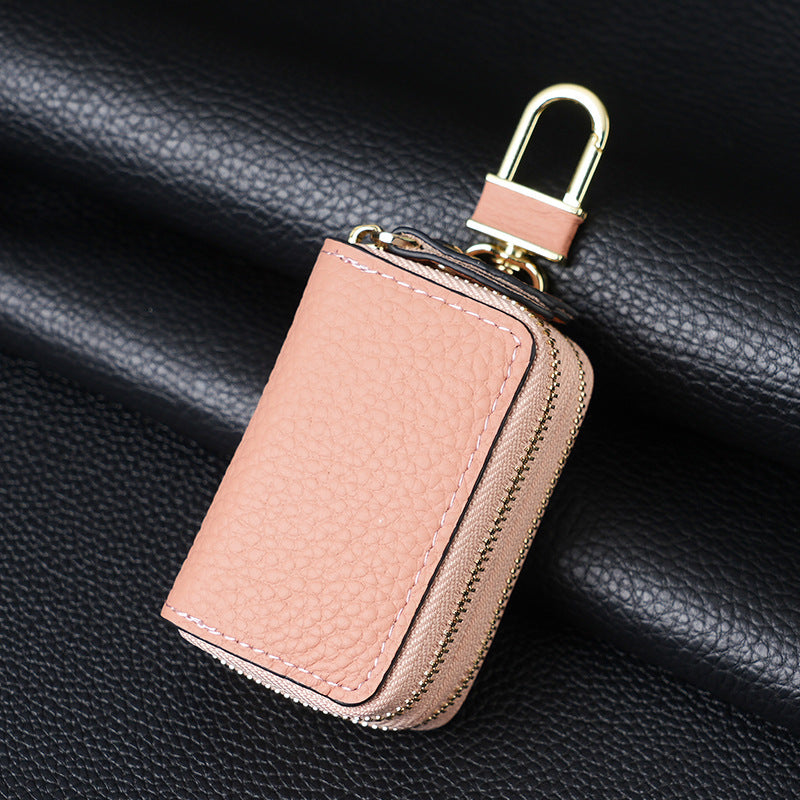 Genuine Leather Car Key Case Double Zipper Smart Key Fob Holder Wallet Remote Organiser Pouch with Hook Pink V888-ELOSUNG41637