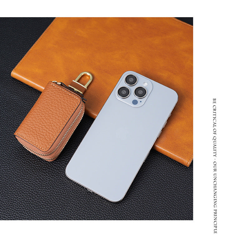 Genuine Leather Car Key Case Double Zipper Smart Key Fob Holder Wallet Remote Organiser Pouch with Hook Pink V888-ELOSUNG41637