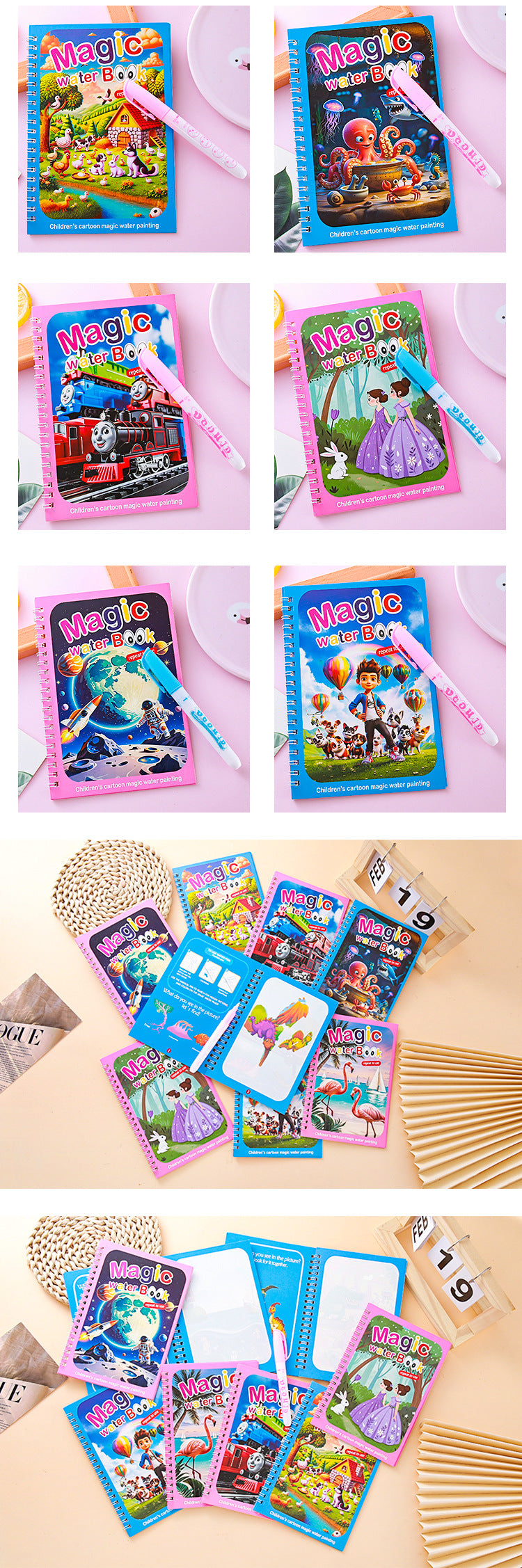 2 PCS Magic Water Colouring Book Reusable Mess Free Painting Set Dinosaur and Flamingo Themes with Refillable V888-ELOSUNG41704