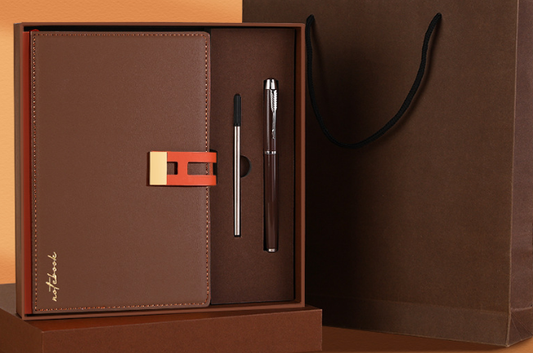 Brown Premium A5 Business Notebook Gift Set with Metal Pen - Soft PU Leather Journal 320 Pages Thick Paper - V888-ELOSUNG41708